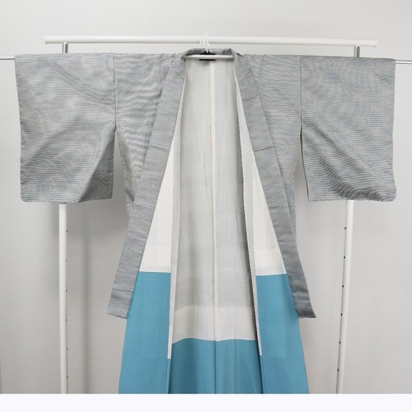 Vintage Blue ORI Woven Unisex Kimono, Long Authentic Japanese Silk Kimono - Picture 10 of 16